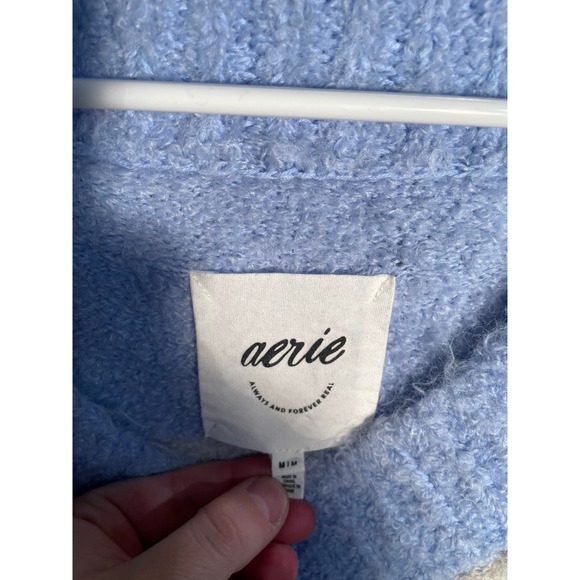 Aerie Teddy Boucle Sweater Blue Stripes Size Medium Oversized Cozy Winter Casual - Picture 9 of 11